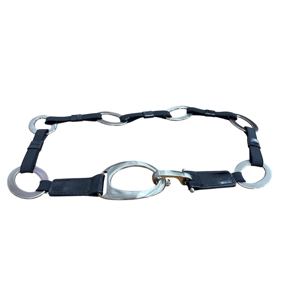 Womens Black Elastic Chain Link Belt Silver Oval Buckle Stretchy Waist Cinch